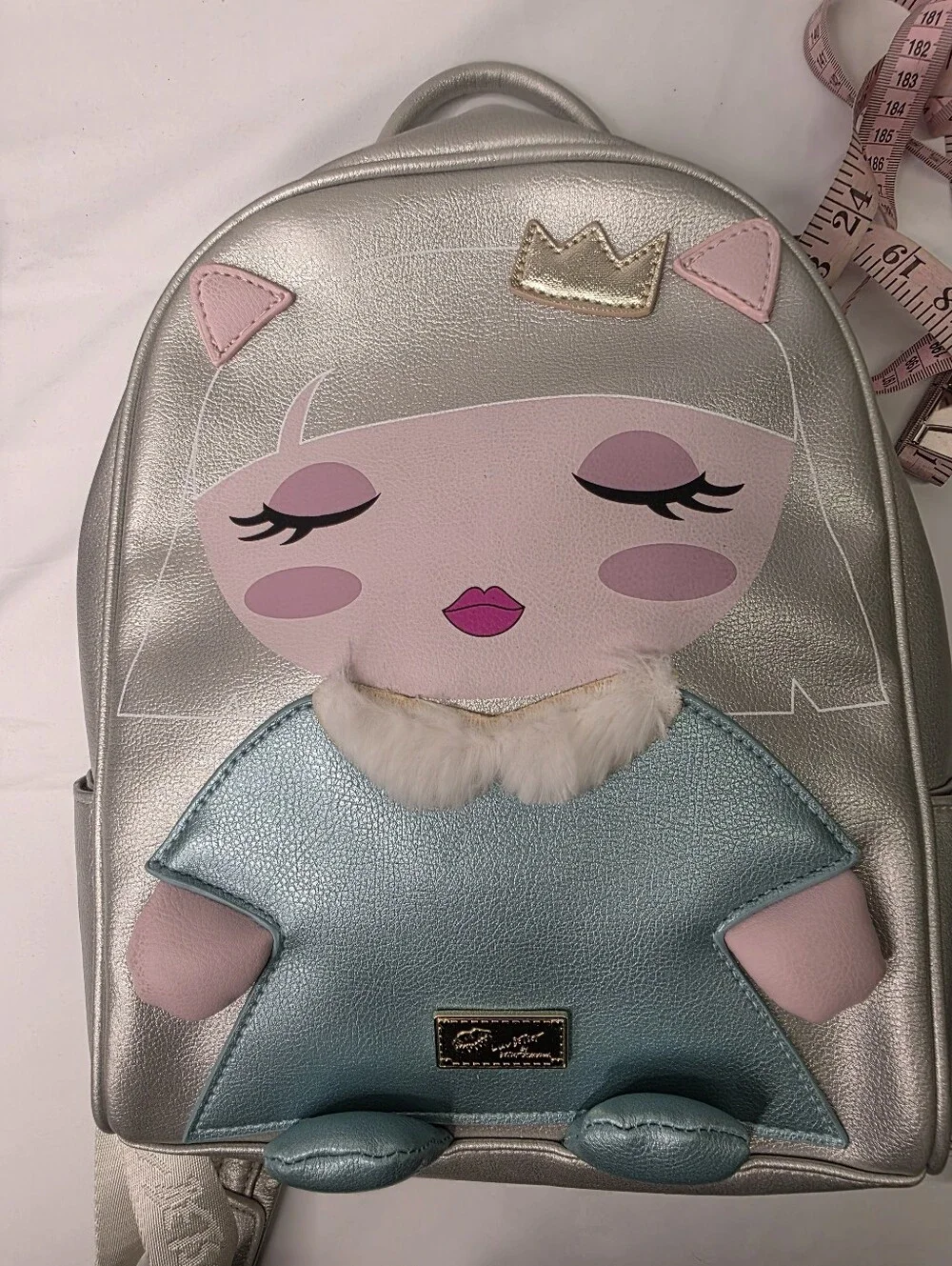 Luv Betsey Johnson Metallic Silver Princess Mini Backpack Faux Fur /Crown